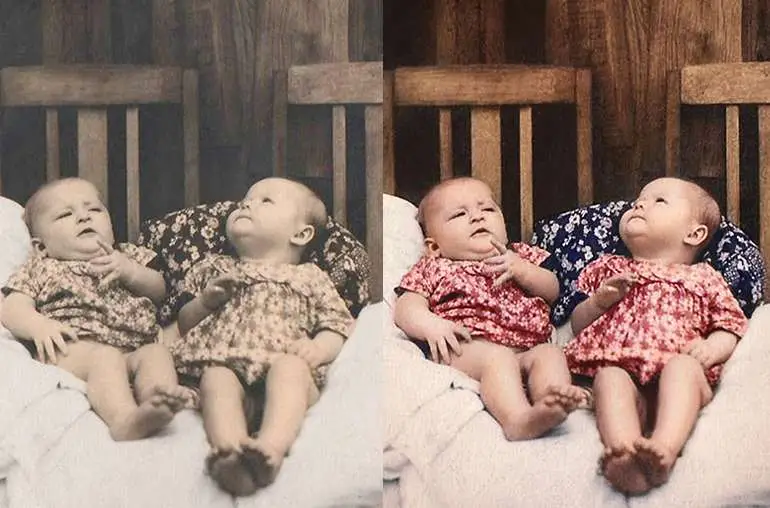 Photo Restoration work sample showing damaged vintage photo brought to life
