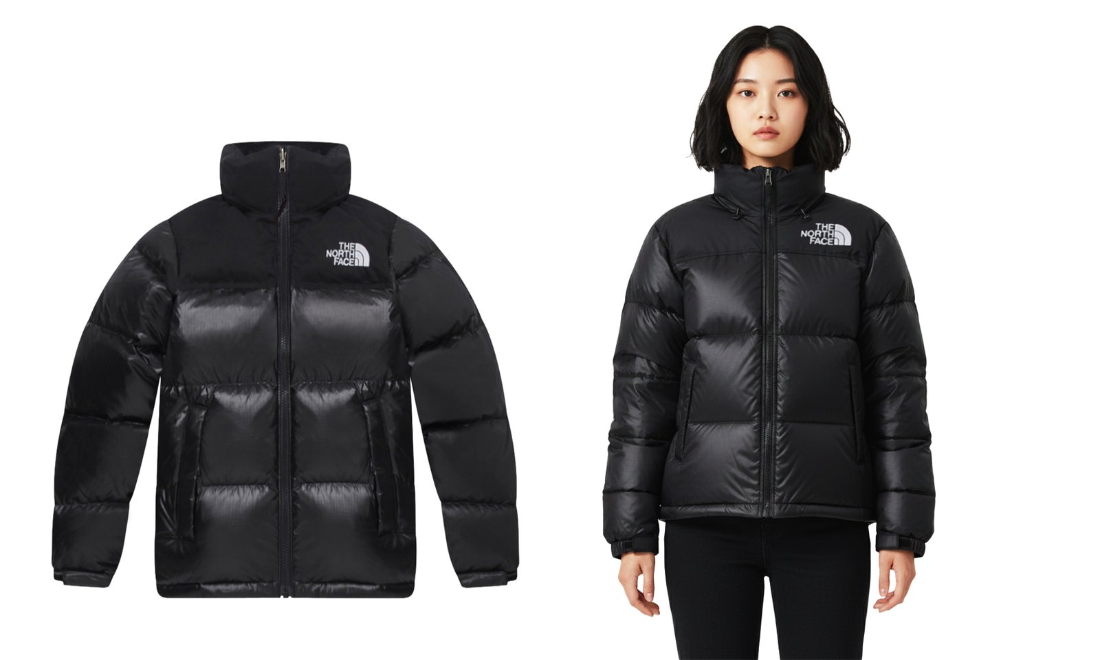 Black puffer jacket displayed on model.