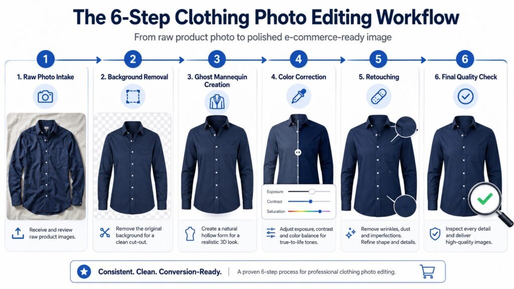 Infographic showing the 6-step workflow: raw photo intake, background removal, ghost mannequin creation, color correction, retouching, final quality check