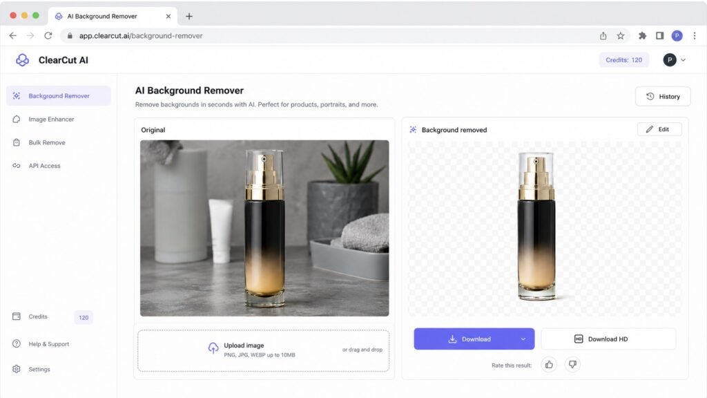 AI background remover interface mockup