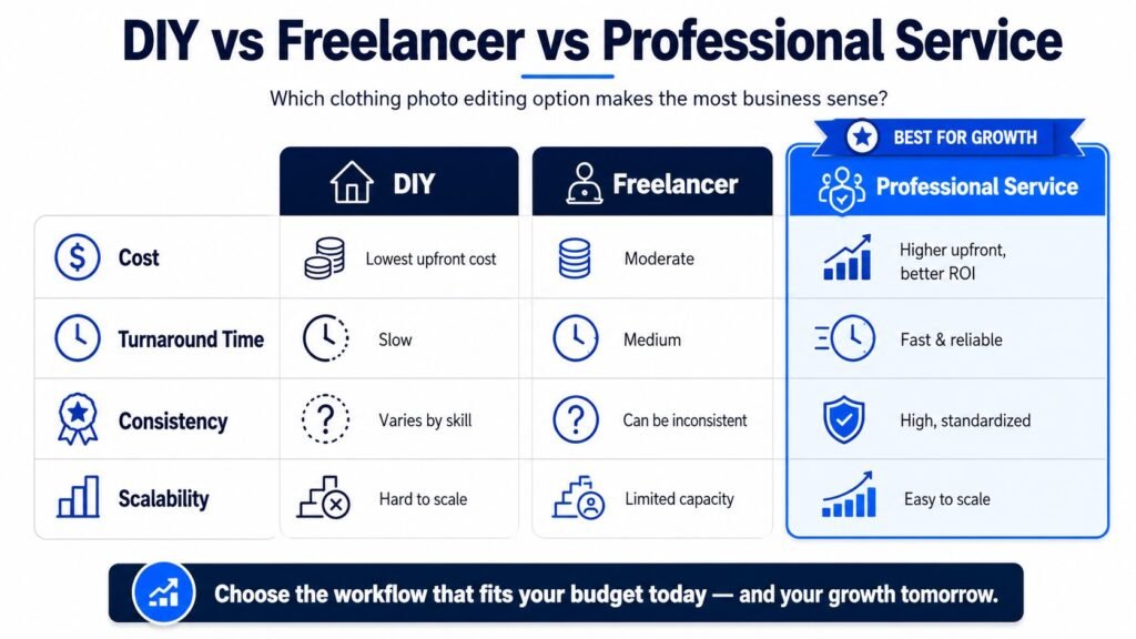 Infographic comparing DIY, Freelancer, and Professional Service across cost, turnaround time, consistency, and scalability