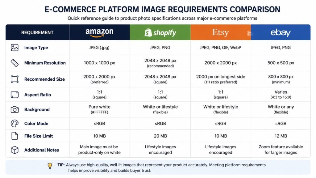 E-commerce platform image requirements comparison