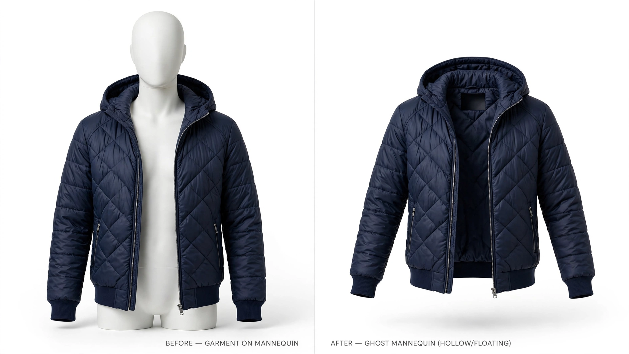 Ghost Mannequin Photo Editing Pricing: What to Expect 1 Ghost mannequin photo editing before and after example on a garment