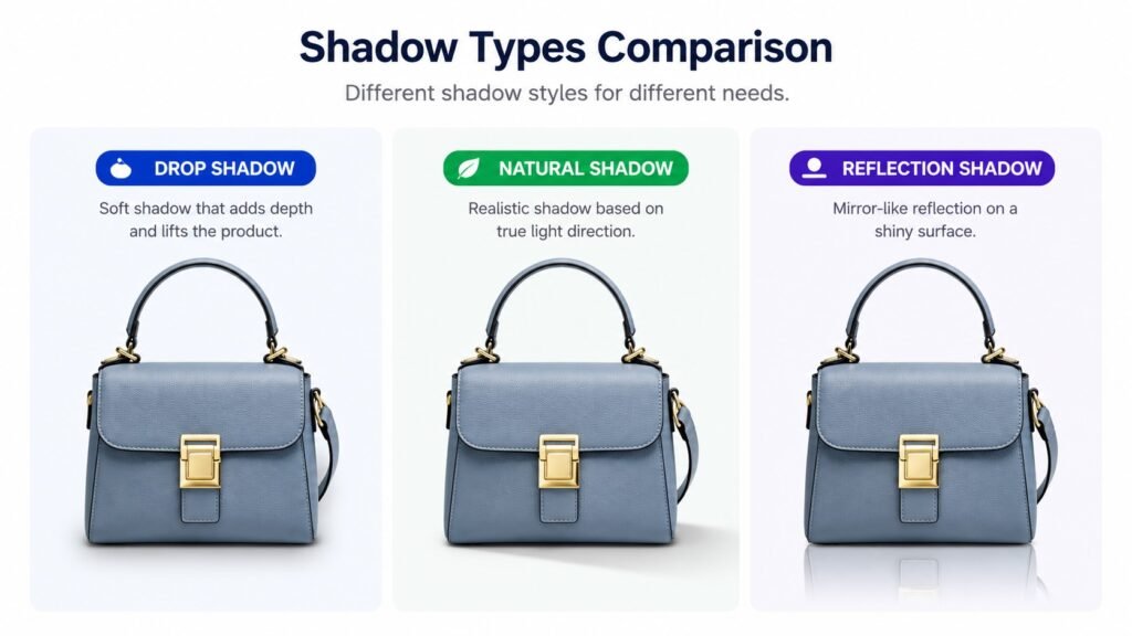 E-Commerce Product Image Editing: Pricing & What to Expect 2 Shadow types for handbag presentation