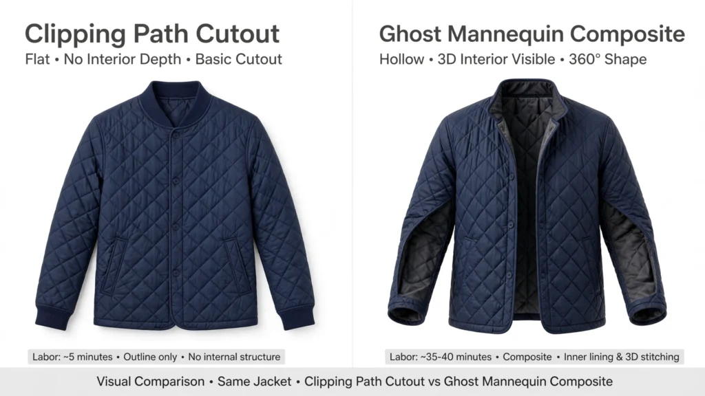 Ghost Mannequin Photo Editing Pricing: What to Expect 3 Clipping path cutout compared to ghost mannequin editing on the same garment